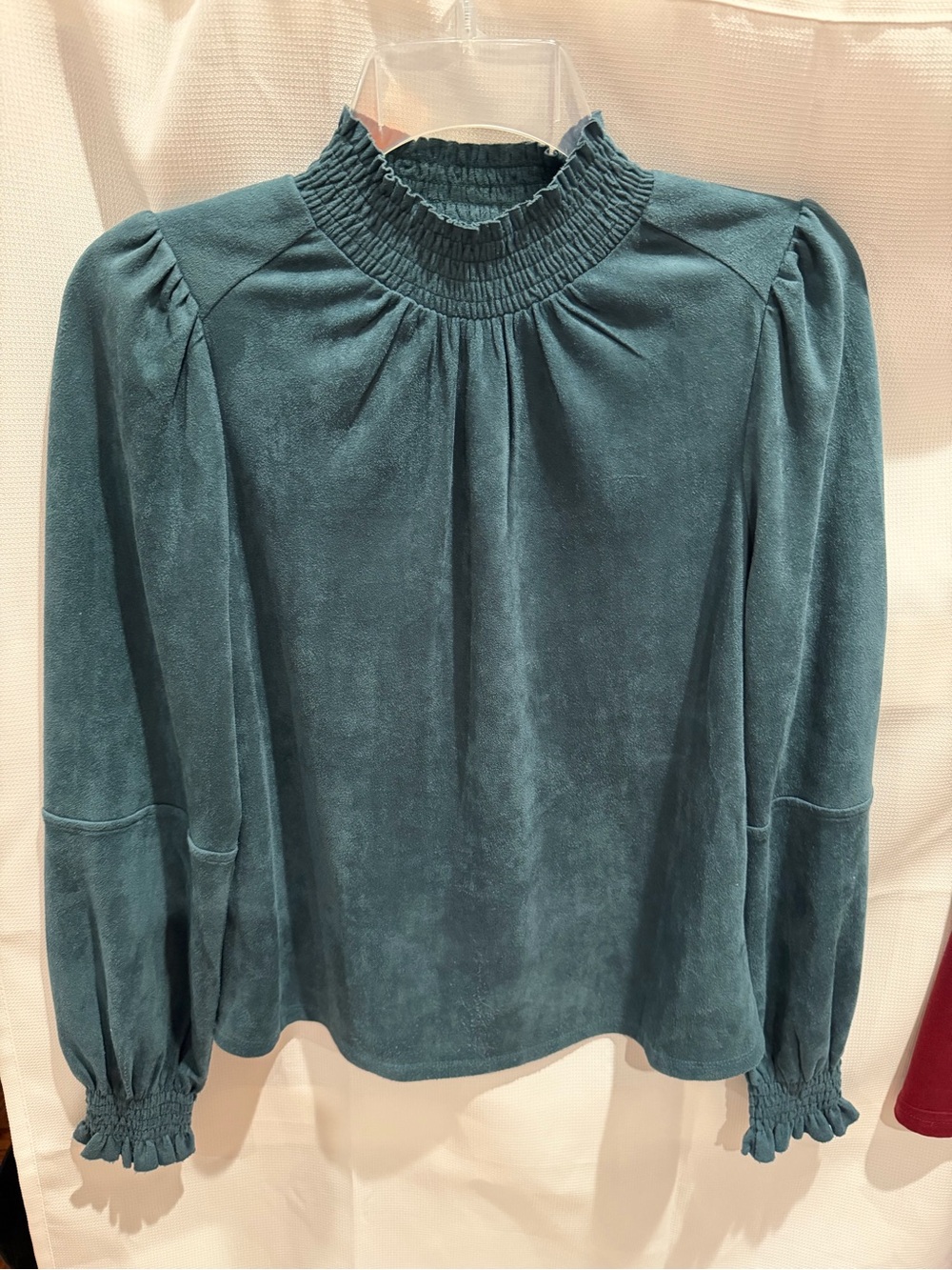 THML Teal Suede like Mock Turtleneck Blouse with Long puff sleeve. Women’s S